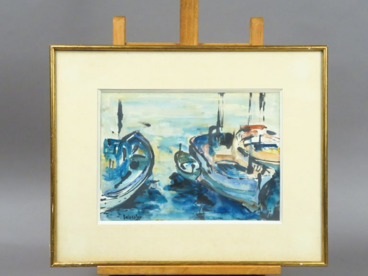 P. LEBERGER. "Barques bleues".  Aquarelle, signée en bas à gauche. Dim
