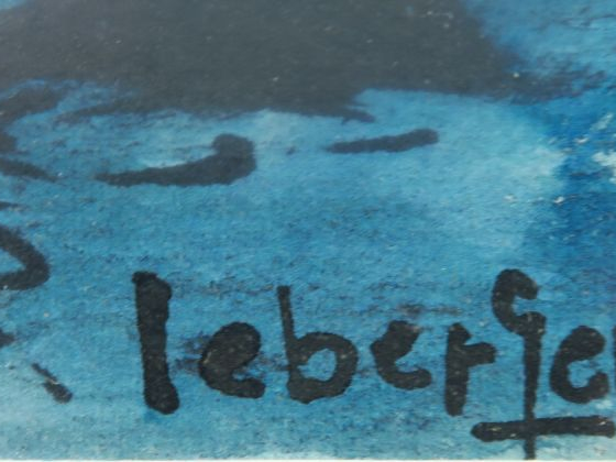 P. LEBERGER. "Barques bleues".  Aquarelle, signée en bas à gauche. Dim