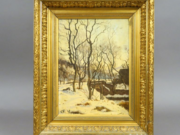 CH. LESPINASSE. "Paysage d'hiver".  Huile sur panneau, signée en bas à