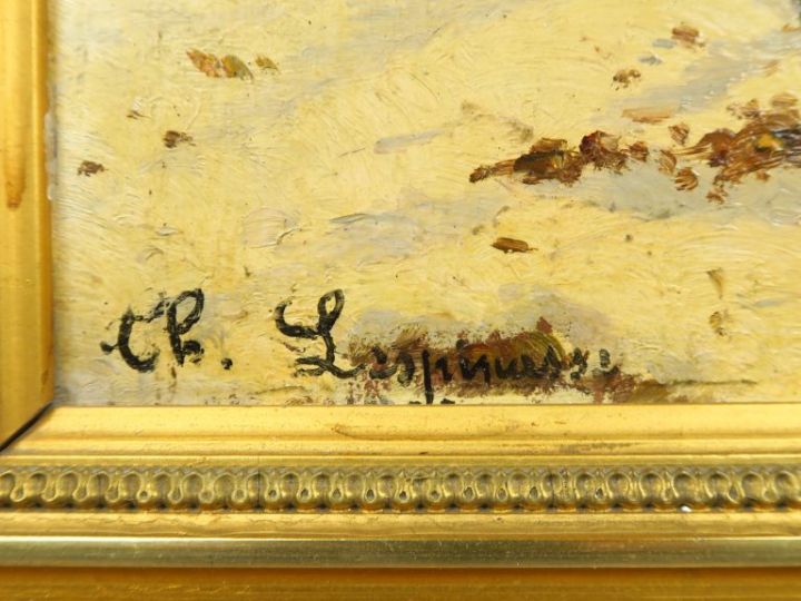 CH. LESPINASSE. "Paysage d'hiver".  Huile sur panneau, signée en bas à