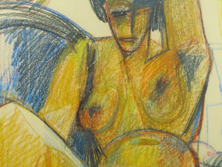 R. ESPINASSE. "Nu assis au fauteuil".  Craies de couleurs à la cire, s