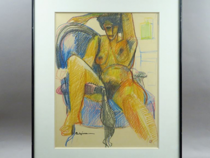 R. ESPINASSE. "Nu assis au fauteuil".  Craies de couleurs à la cire, s