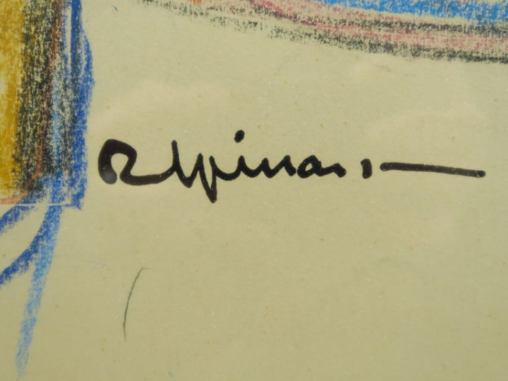 R. ESPINASSE. "Nu assis au fauteuil".  Craies de couleurs à la cire, s