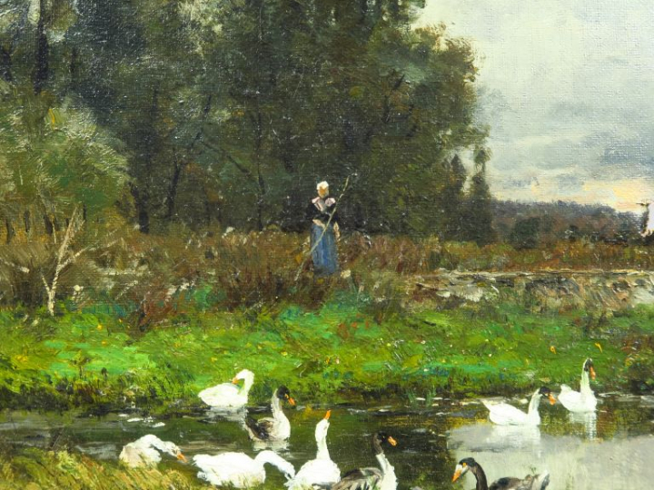 OLIVE. "Bergère et ses oies".  Huile sur toile, signée en bas à gauche