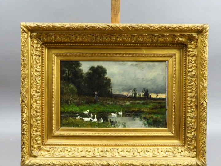 OLIVE. "Bergère et ses oies".  Huile sur toile, signée en bas à gauche