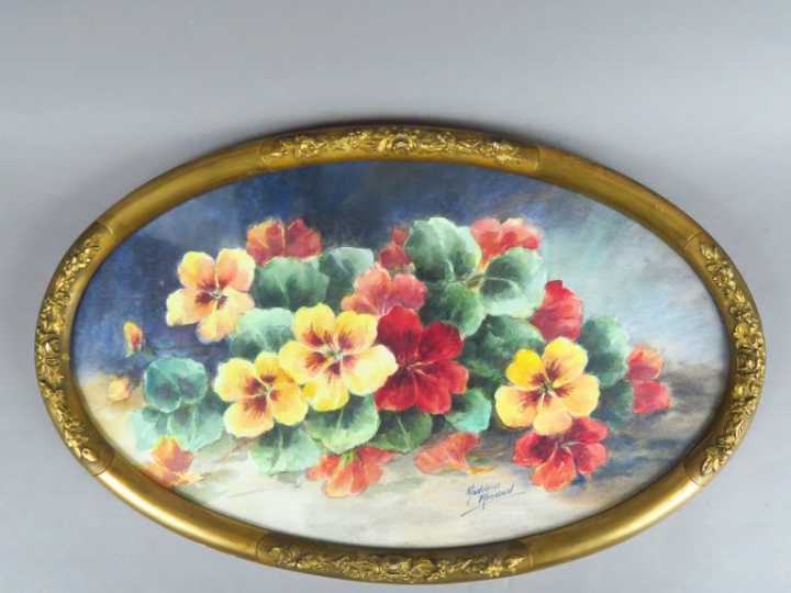 M. RENAUD. "Bouquet de pensées".  Aquarelle, signée en bas à droite. D