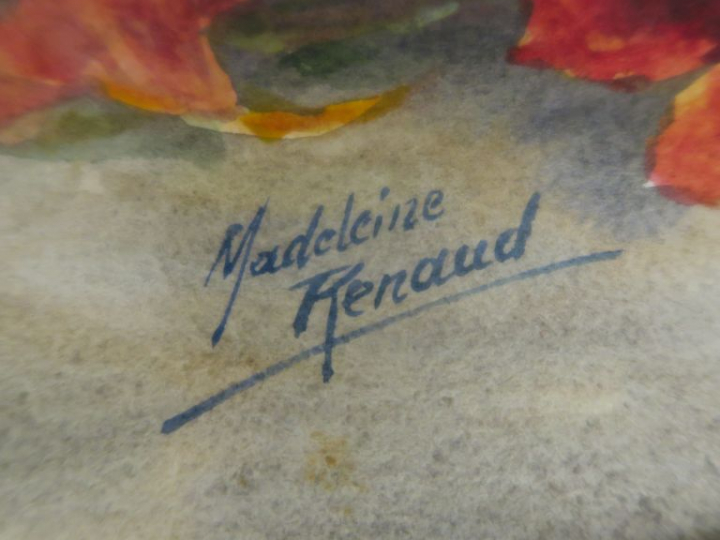 M. RENAUD. "Bouquet de pensées".  Aquarelle, signée en bas à droite. D