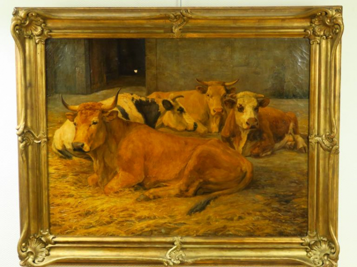RICHARD."Vaches à l'étable".  Grande huile sur toile, signée en bas à 