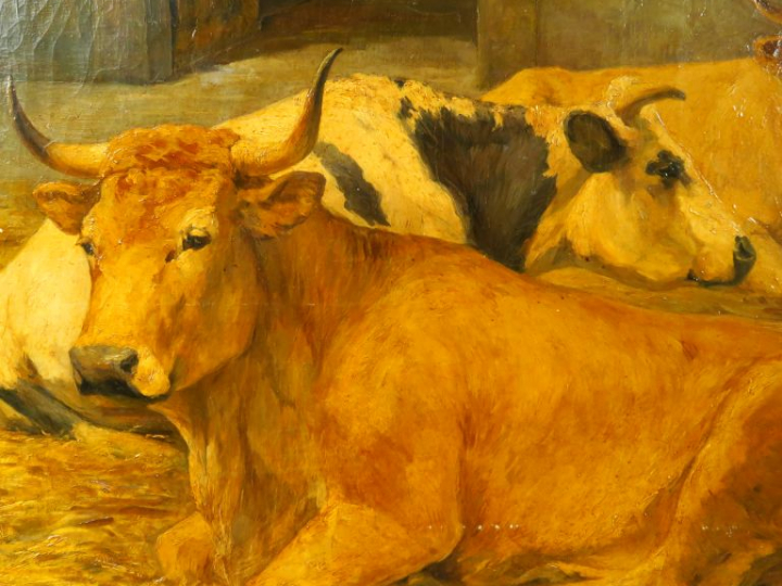 RICHARD."Vaches à l'étable".  Grande huile sur toile, signée en bas à 