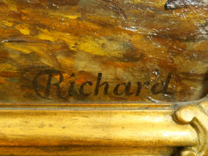 RICHARD."Vaches à l'étable".  Grande huile sur toile, signée en bas à 