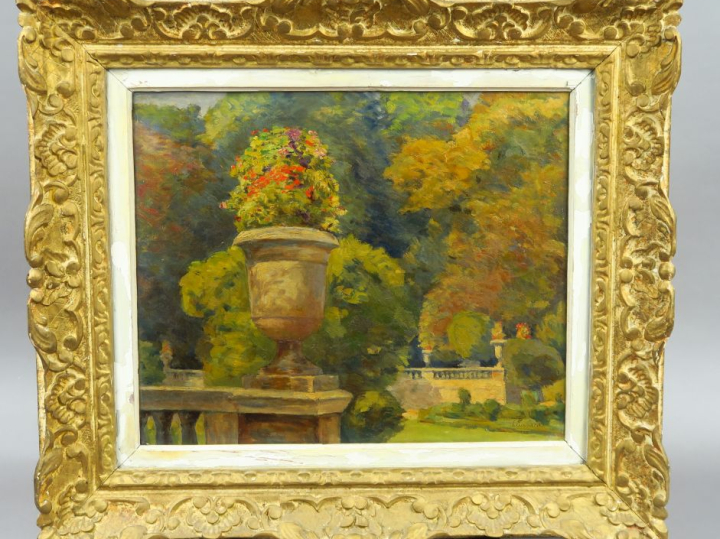 RICHARD. "Vue de parc".     Huile sur toile, signée en bas à droite. D