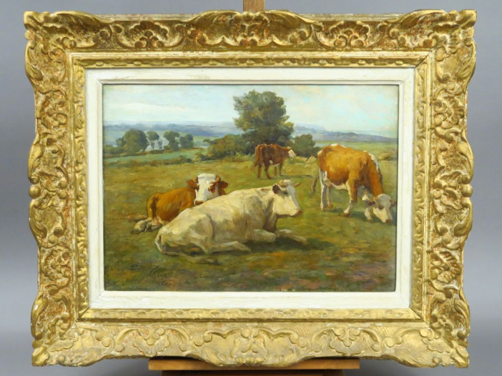 RICHARD. "Vaches au paturage".  Huile sur toile, signée en bas à gauch