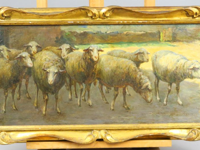 RICHARD. "Troupeau de Brebis".  Huile sur panneau, signée en bas à gau