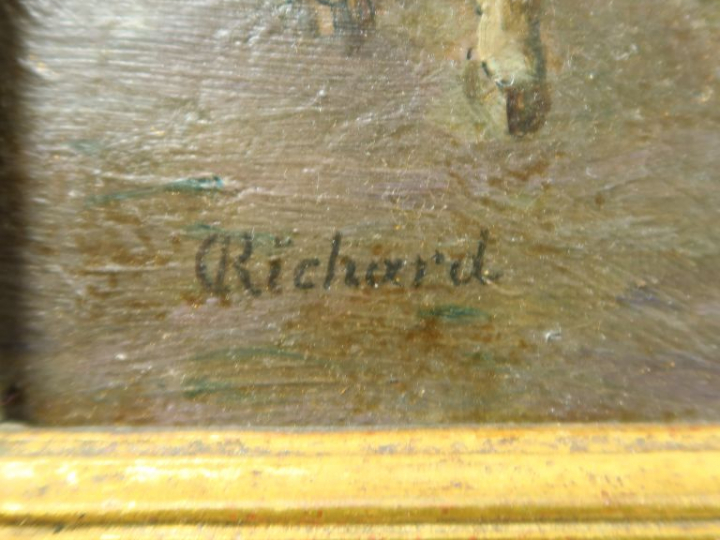 RICHARD. "Troupeau de Brebis".  Huile sur panneau, signée en bas à gau