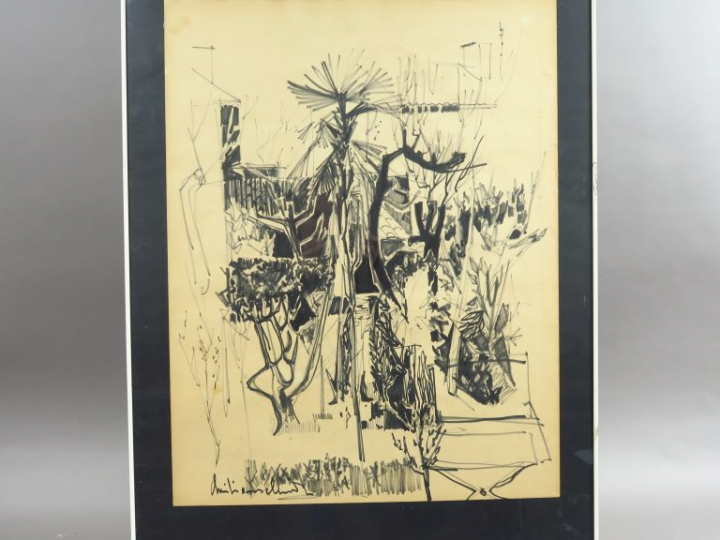 C. SCHMIDT. "Jardin exotique".  Dessin, signé en bas à gauche. Dim. : 