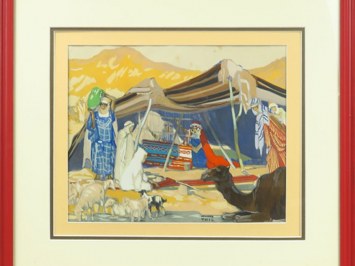 J. THIL. "Femmes et animaux au bord de l'Oued".  Lithographie, signée 