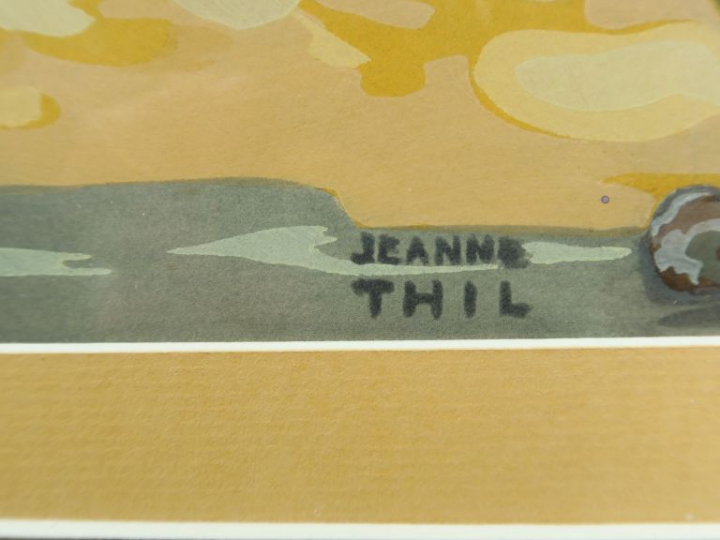 J. THIL. "Femmes et animaux au bord de l'Oued".  Lithographie, signée 