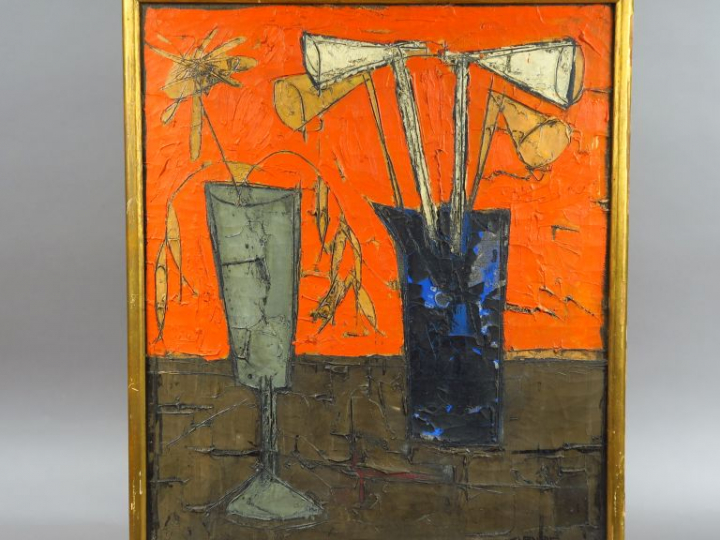 C. VENARD. "Nature morte".  Huile sur toile, signée en bas à droite. D