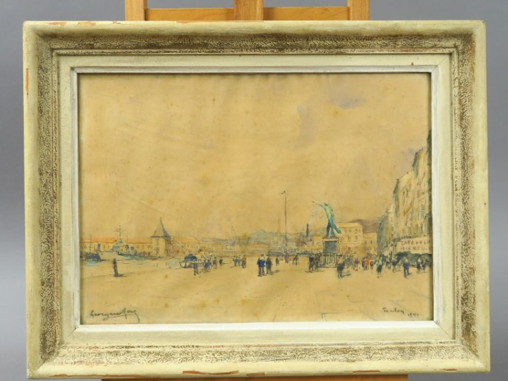 Ecole française XXe. "Le port de Toulon".  Aquarelle, signée en bas à 