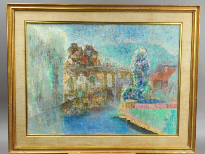 Ecole japonaise Xxème "Le pont à Uzerche".  Huile sur toile, signée en