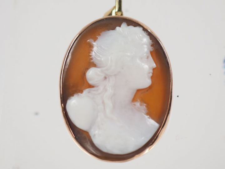 Deux différentes broches et un pendentif orné d'un caméen monture en m