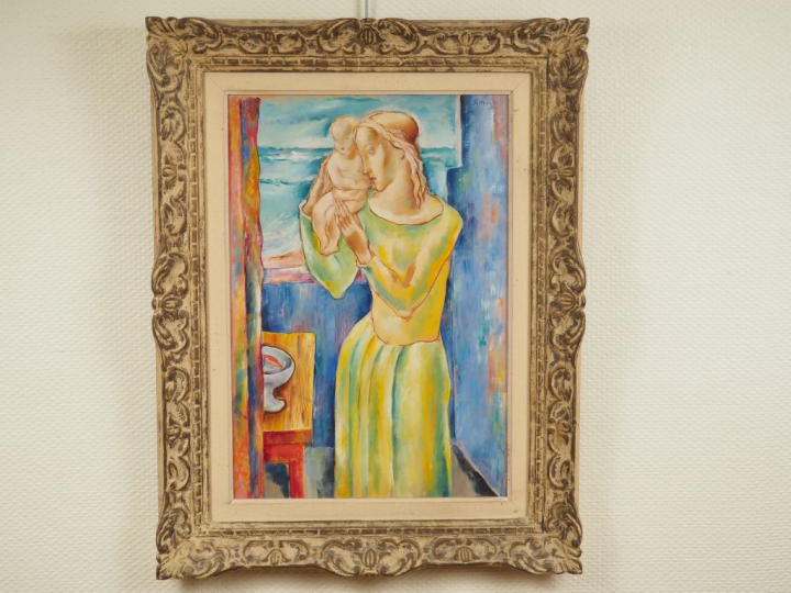 G. ARTEMOFF. "Mère et son enfant". Huile sur carton, signée en haut à 