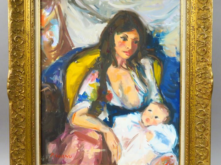 Pierre CORNU. "Maternité". Huile sur toile, signée en bas à gauche. Di