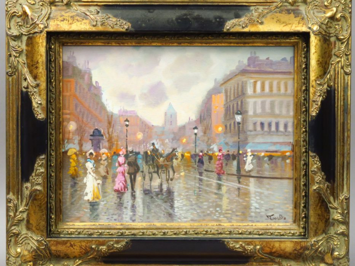CORTES. "Boulevard animé à Paris". Huile sur toile, signée en bas à dr