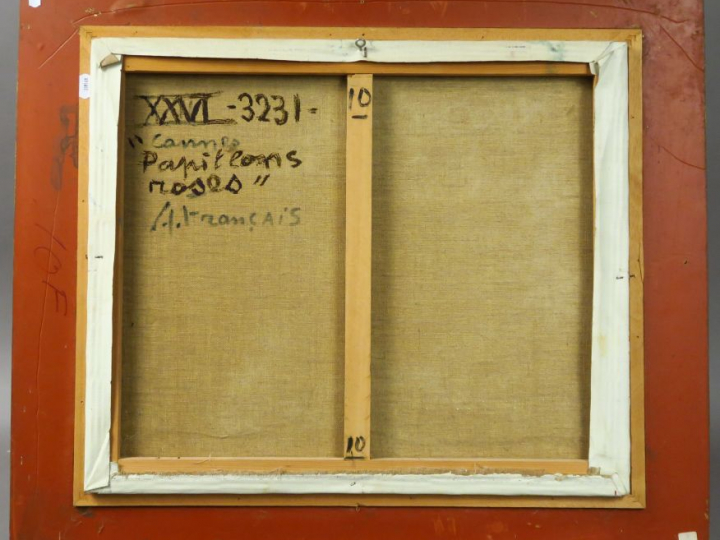 A. FRANCAIS. "Cannes, papillons roses". Huile sur toile, signée en bas