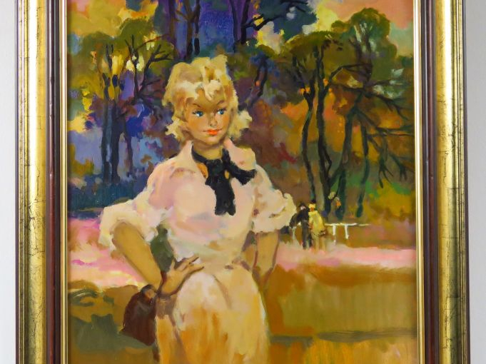 GRISOT. "Colette au bois".  Huile sur toile, signée en bas à gauche. D