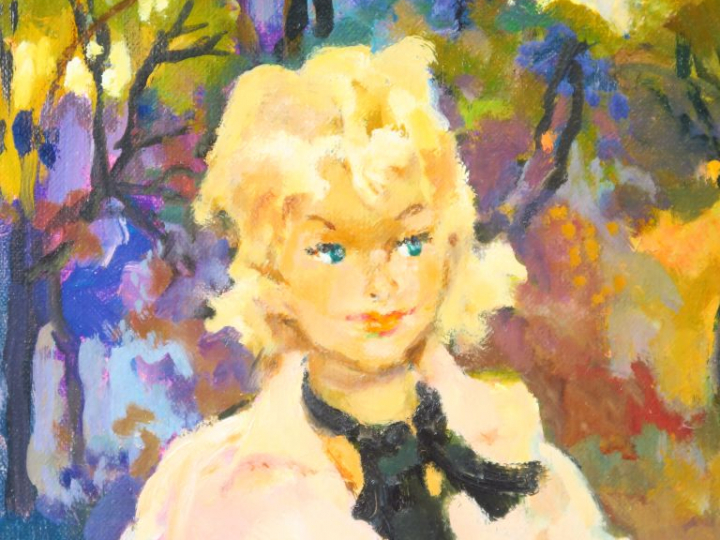 GRISOT. "Colette au bois".  Huile sur toile, signée en bas à gauche. D