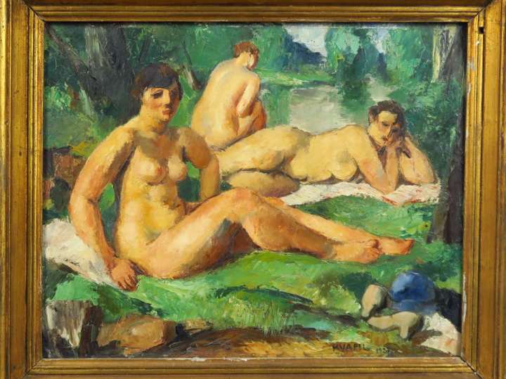 KUAPIL. "Baigneuses". Huile sur panneau, signée en bas à droite et dat