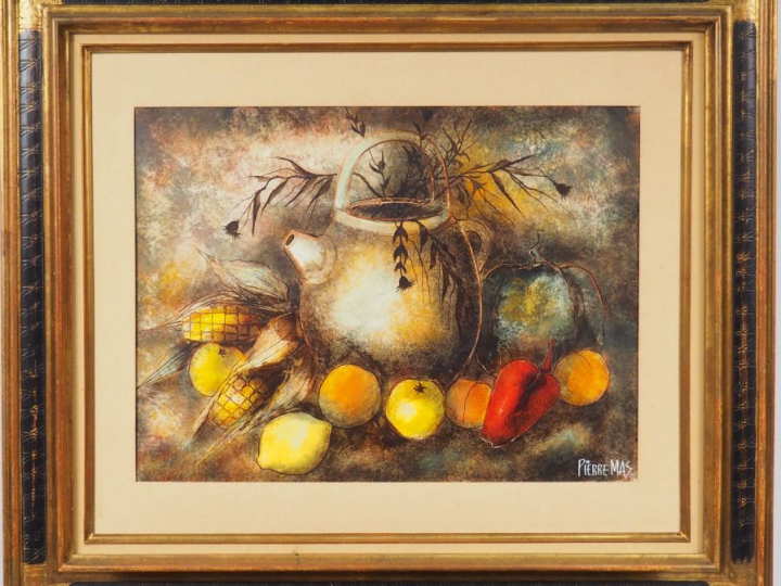 Pierre MAS. "Nature morte". Peinture sur papier. Dim. 38 x 51 cm.