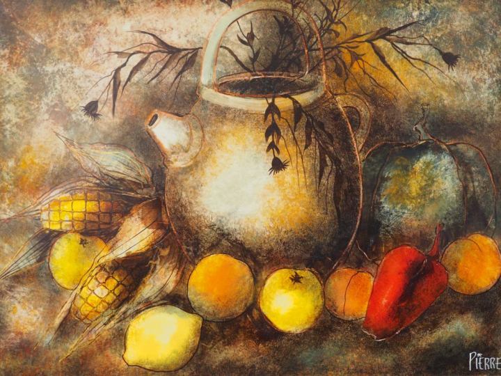 Pierre MAS. "Nature morte". Peinture sur papier. Dim. 38 x 51 cm.