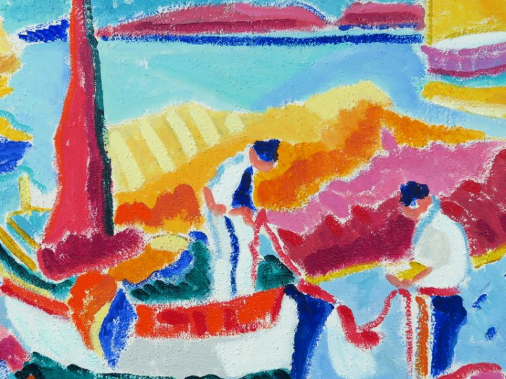 J. PONS. "Pêcheurs remontant leurs filets". Huile sur toile, signée en