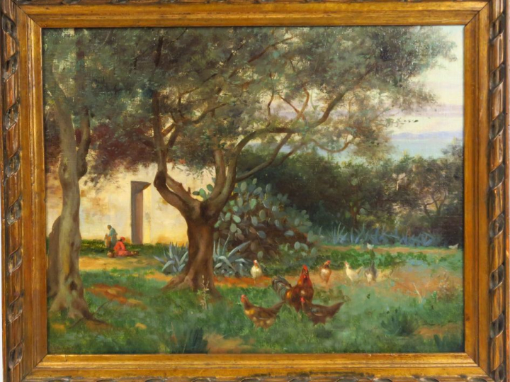 REYMANN. "Cour de ferme animée en Afrique du Nord" Huile sur toile mar