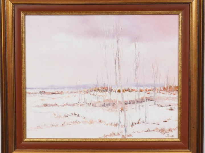 SUNE. "Paysage de neige" Huile sur toile, signée en bas à droite. Dim.