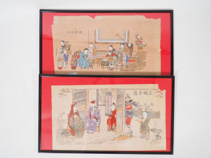 Dix encres et couleurs sur papier représentant des scènes de personnag