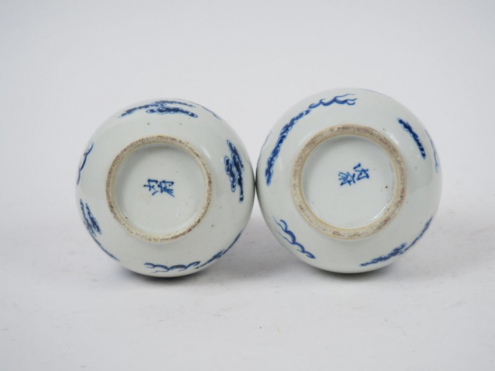 Deux vases bouteilles à long col en porcelaine de Hué à décor d'un pho