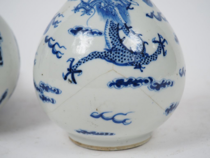 Deux vases bouteilles à long col en porcelaine de Hué à décor d'un pho