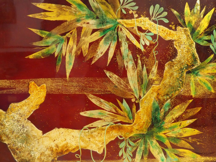 Grand panneau en laque, représentant un faisan branché. Travail polych