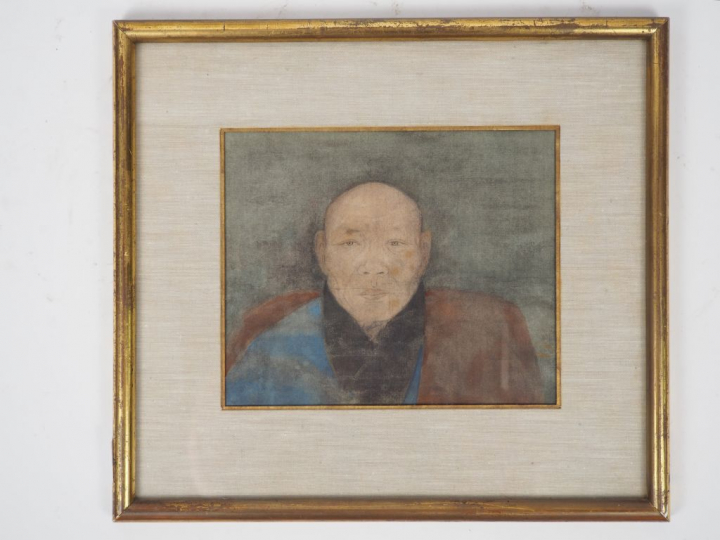 Peinture encadrée sur soie représentant un bonze.  Vietnam, XXème sièc