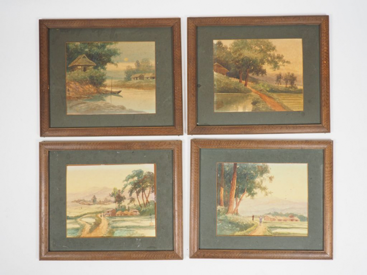 Ensemble de quatre aquarelles "Paysages de rizière", "Villages" 22 x 2