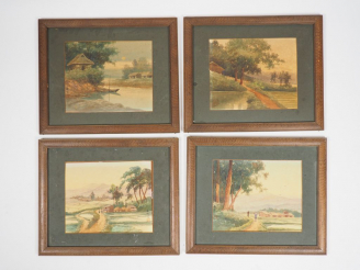 Vente aux enchères Ensemble de quatre aquarelles "Paysages de rizière", "Villages" 22 x 2