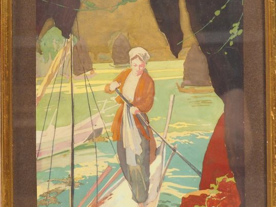 Gouache aquarellée rehaussée d'or représentant une jeune femme sur une