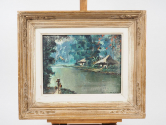 Vente aux enchères Henri MEGE  "Matin de printemps dans un village près de Hué" Huile sur