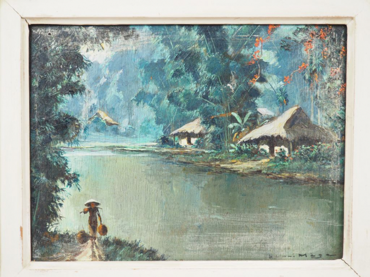 Henri MEGE  "Matin de printemps dans un village près de Hué" Huile sur