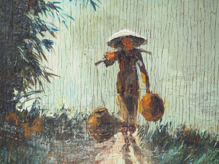 Henri MEGE  "Matin de printemps dans un village près de Hué" Huile sur