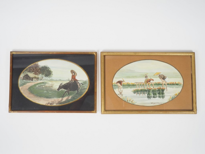 Ecole indochinoise  "Dans la rizière" Paire d'aquarelles.  Signées.  1