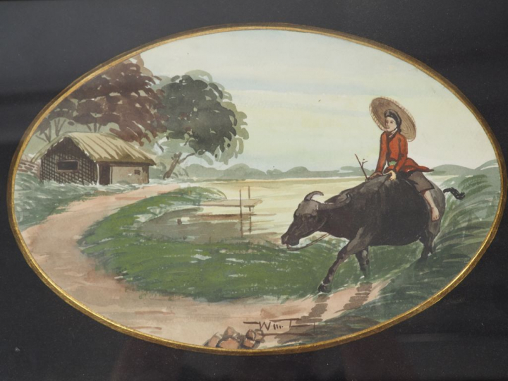 Ecole indochinoise  "Dans la rizière" Paire d'aquarelles.  Signées.  1